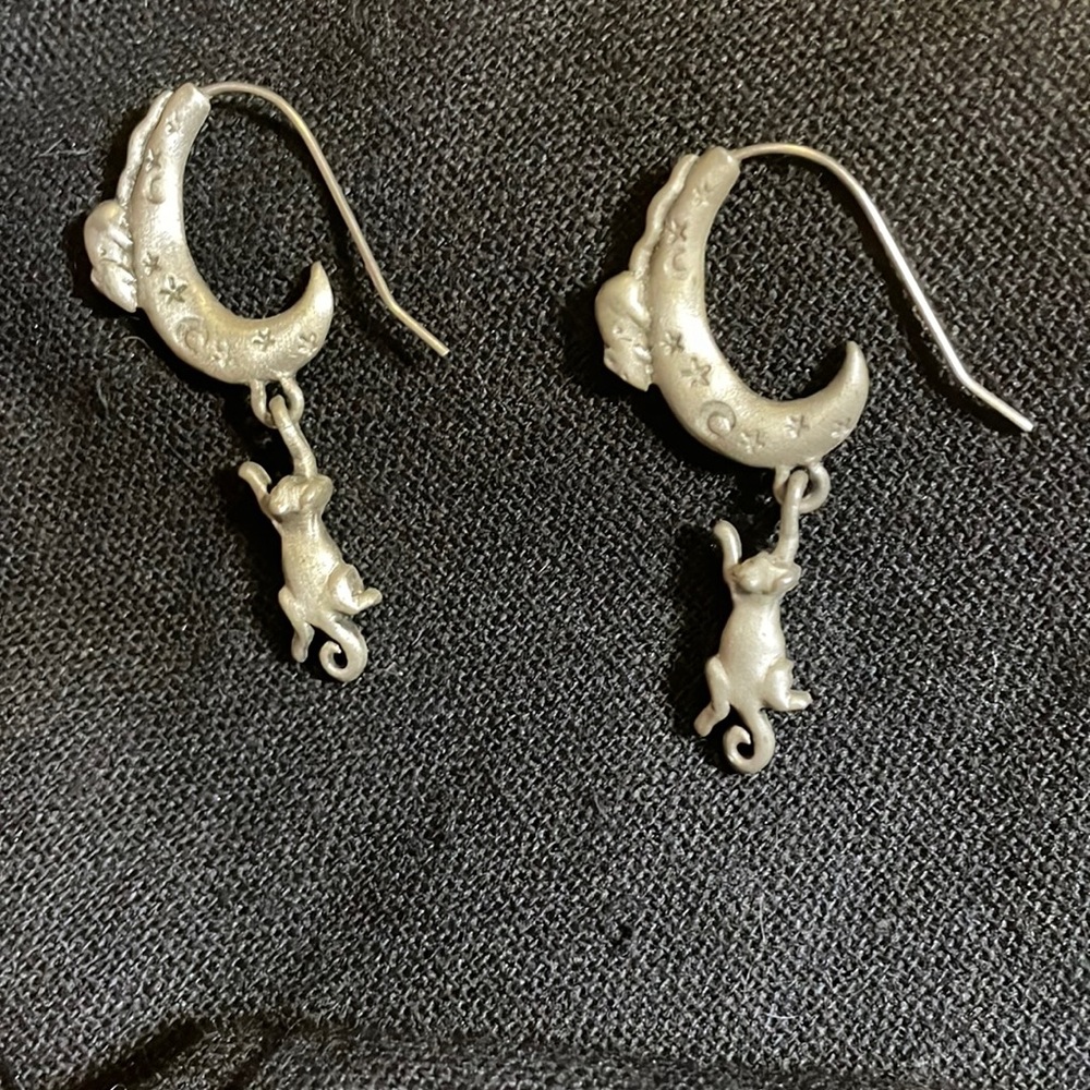 Cat & Mouse Over the Moon, Silver 1/2 Hoop Dangle Drop Earrings